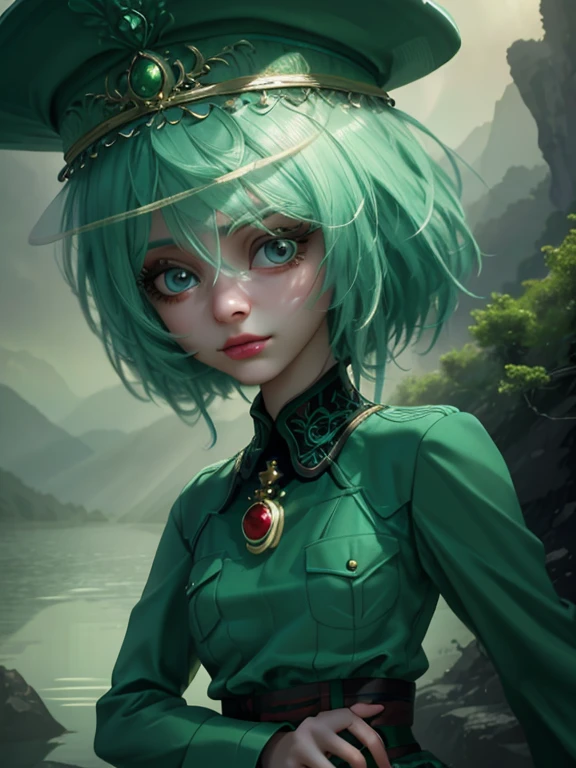 A beautiful girl with long hair, big eyes, wearing an elegant dress, standing in front of a lush green mountain landscape with a serene lake, (best quality,4k,8k,highres,masterpiece:1.2),ultra-detailed,(realistic,photorealistic,photo-realistic:1.37),extremely detailed face and eyes,long eyelashes,beautiful detailed eyes,beautiful detailed lips,green mountains,green water,intricate dress,dramatic lighting,cinematic,high fashion,elegant,serene