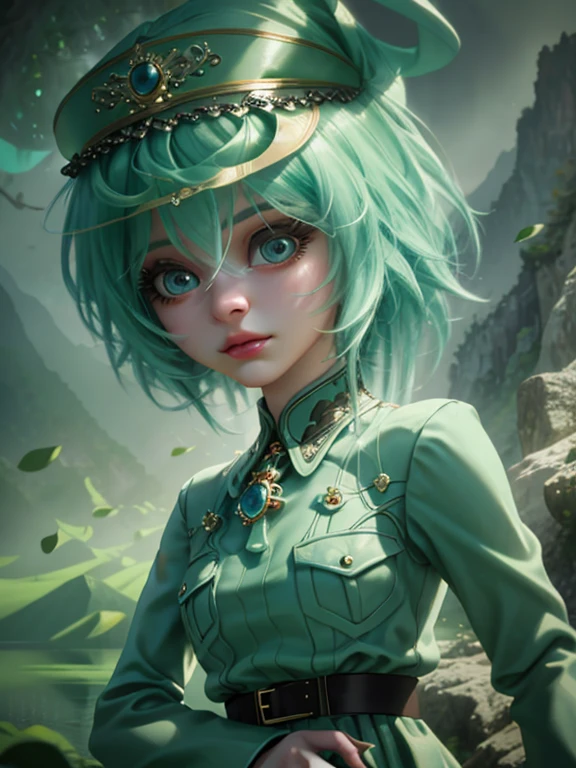A beautiful girl with long hair, big eyes, wearing an elegant dress, standing in front of a lush green mountain landscape with a serene lake, (best quality,4k,8k,highres,masterpiece:1.2),ultra-detailed,(realistic,photorealistic,photo-realistic:1.37),extremely detailed face and eyes,long eyelashes,beautiful detailed eyes,beautiful detailed lips,green mountains,green water,intricate dress,dramatic lighting,cinematic,high fashion,elegant,serene