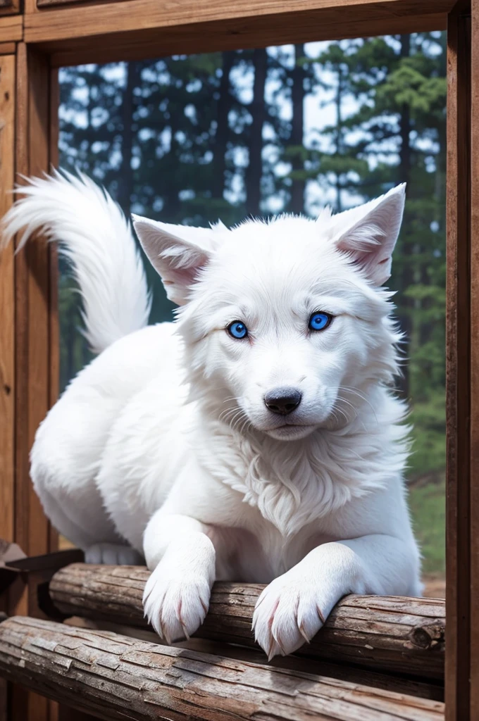 blue eyed white wolf puppy in log cabin