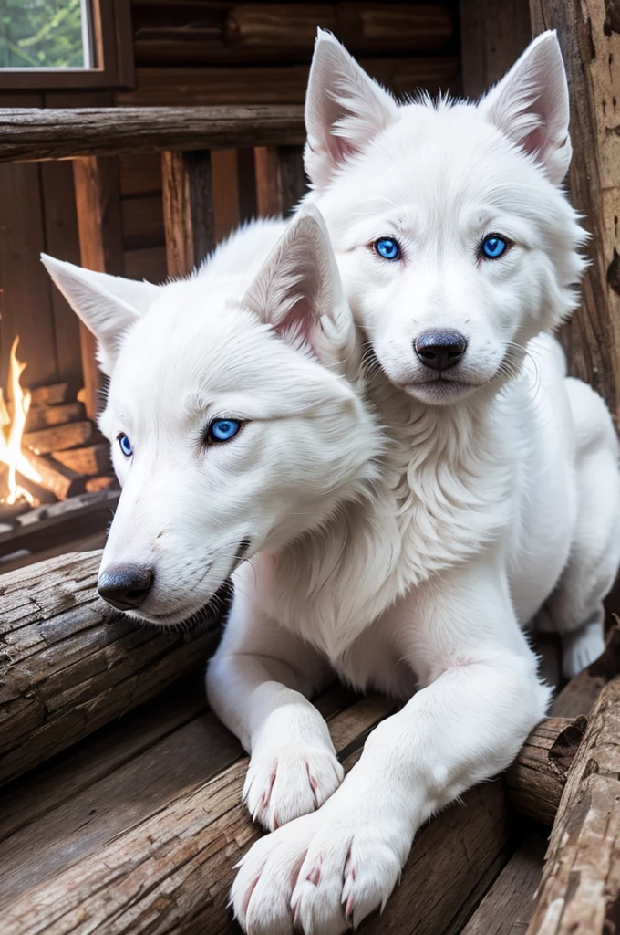 blue eyed white wolf puppy in log cabin