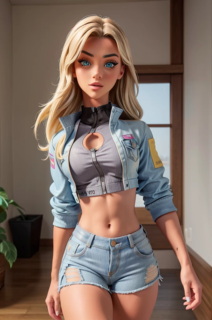 Alisha Lehmann sexy, She is wearing an open denim jacket covering her breasts and denim shorts