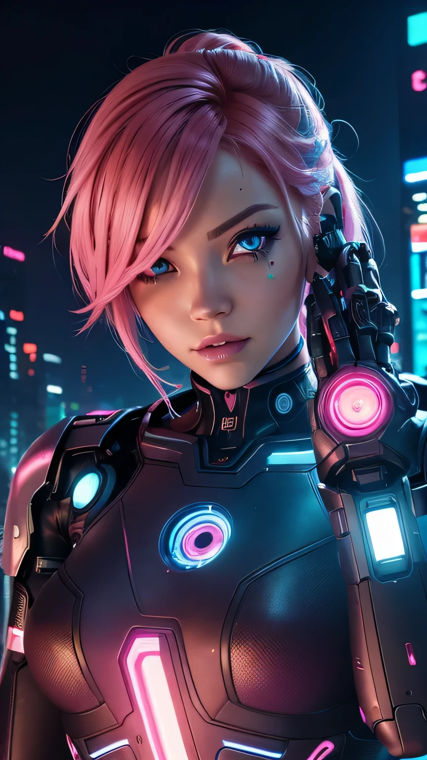 cyborg girl, robot hand, beautiful eyes, cyberpunk city background, neon light, pink hair, masterpiece, ultra high details
