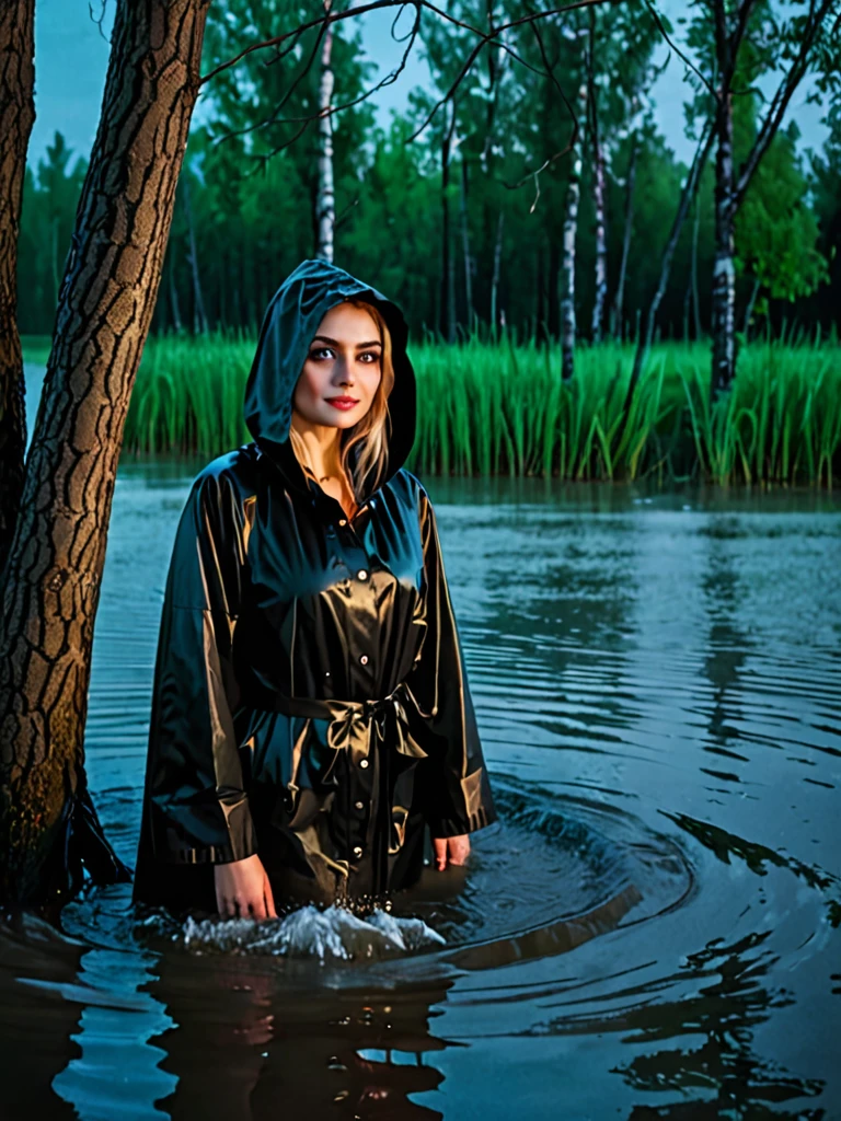 grandfather in a black raincoat , black hood, stands behind a tree , a beautiful Russian woman with green eyes stands waist-deep in water. Woman smiling sinisterly,night,dark,moon, darkness