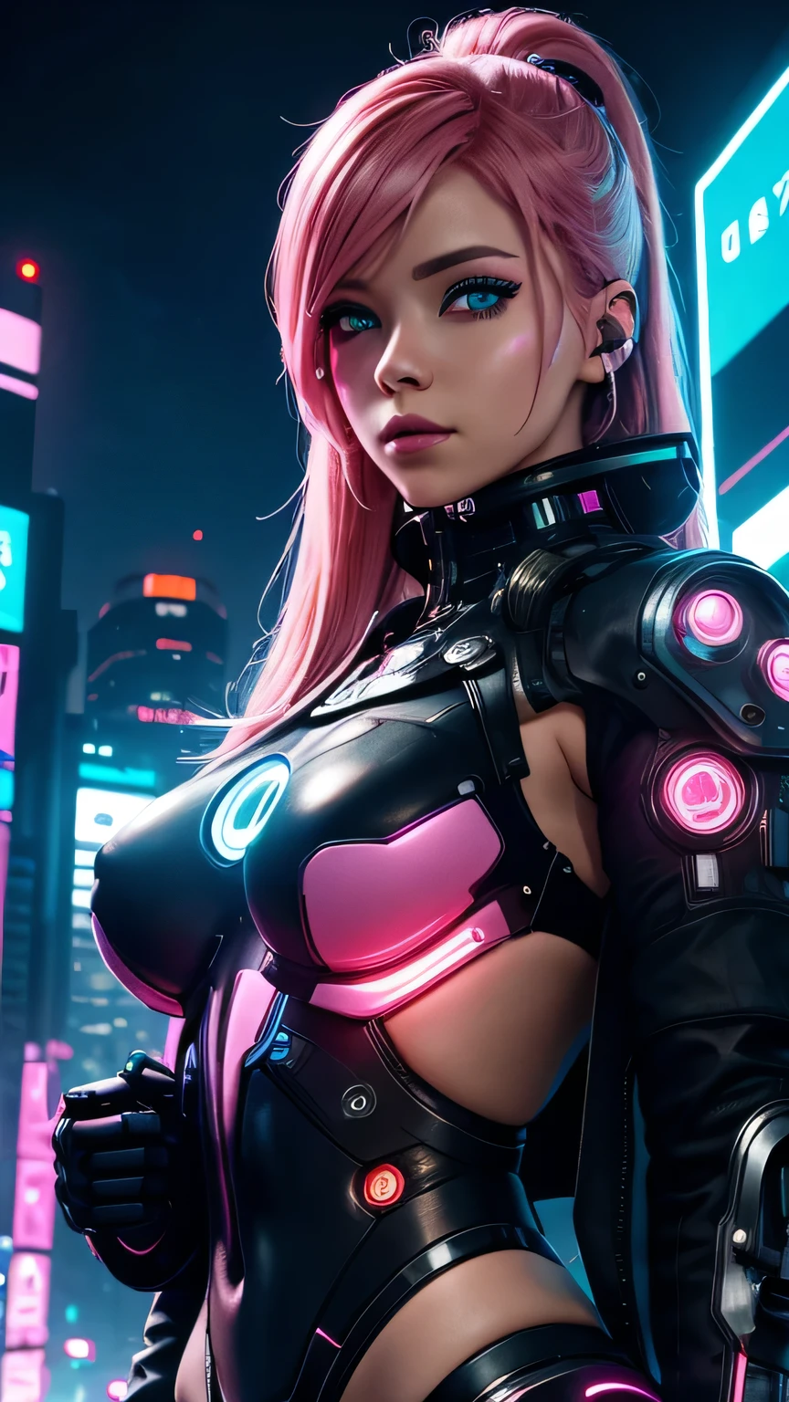 cyborg girl, robot hand, beautiful eyes, cyberpunk city background, neon light, pink hair, masterpiece, ultra high details