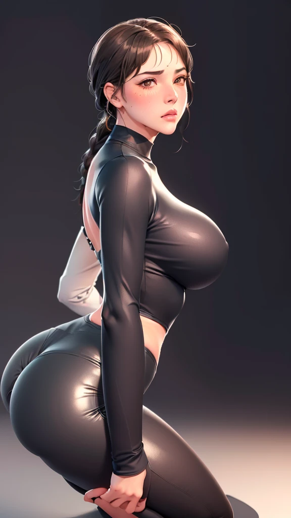 (((Perfect body,White and tender skin,(((Black yujiasuit, yoga pants, yoga long sleeves))),(((brown eyes, braid, long hair, braided ponytail, single braid, hair over shoulder, bangs, blush, lips))),((masterpiece)),highres,((Best quality at best)),masterpiece,quality,Best quality,((( Exquisite facial features,Looking at the audience,There is light in the eyes,(((frown,blush)))Kneeling on the ground,From below,from the side,))),(((Light and shadow,Huge breasts,))),(((Looking at the camera,White background))))