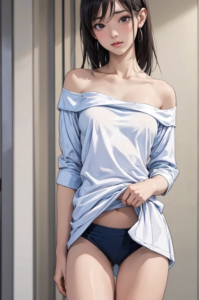 ((masterpiece, best quality)),((highres:1.2)), 1 Girl, solo, Cowboy Shot, Blurred Background, (((Small breasts))), Thighs, (Stripe underwear), ((lift the Shirts:1.3)), Off the shoulder, sexy One Shoulder T-Shirts