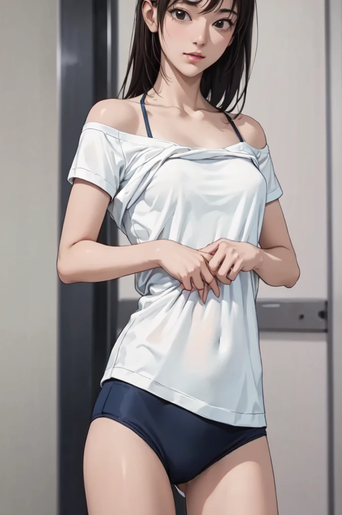 ((masterpiece, best quality)),((highres:1.2)), 1 Girl, solo, Cowboy Shot, Blurred Background, (((Small breasts))), Thighs, (Stripe underwear), ((lift the Shirts:1.3)), Off the shoulder, sexy One Shoulder T-Shirts