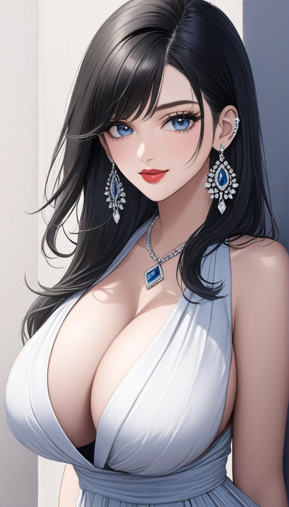 , inspired by Emma Andijewska, draped in crystals, silver color, long earrings, sandra chevier, huge earrings, blue-eyed, platinum jewellery, earring, flawless structure, silver earring, , a woman, Kriti Sanon, outdoors, realistic skin texture, smiling, post-processing, Maximum texture, masterpiece, ultra-detailed, photorealistic, realistic, real picture, hyperrealism, Sharp focus, insane details, intricate details, full sharp, detailed face, realistic eyes,simple white stucco background ,big hoop earrings, makeup,white skin,sharp jawline ,big earrings, oversized earrings,big breasts,full body view , necklace, eyeliner, eyeshadow, foundation, jewelry,bangles, anklet,silky hair ,blunt hair,bangs,face makeup, eyeliner,red lipstick ,legs,full body view, black hair with white stroke, deep cleavage , school dress