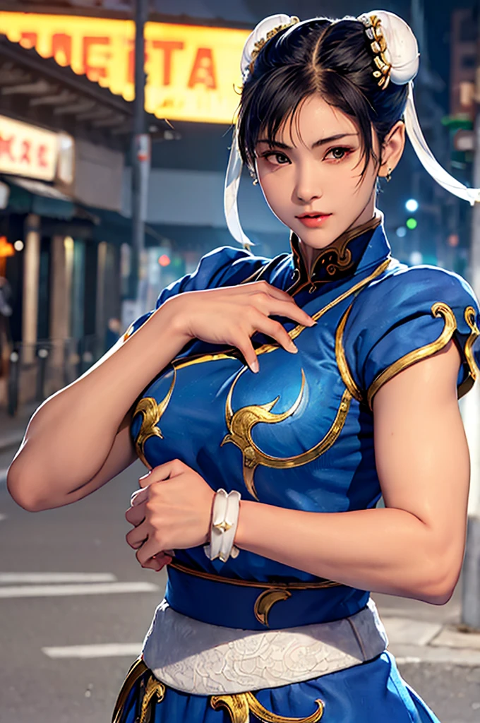 ((masterpiece,best qualtiy)),1girl,solo,ChunLi,upper body,beautiful night street background
