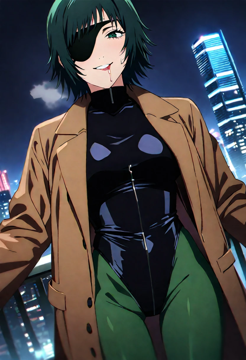 mature female, mature, Adult, himeno, himeno(Chainsaw Man), 1girl, black hair, short hair, eyepatch, Himeno(Chainsaw Man), solo, seductive smile, evil grin, aroused, in heat, nsfw, steam, breath, sweat, drooling, Villains, Open coat, latex purple leotard under the trench coat, Green pantyhose, chest, View your audience, Night town, City, skyscraper, Night, Dark, dramatic angle, unique perspective, unique angle, masterpiece, Top animation quality,Top image quality,