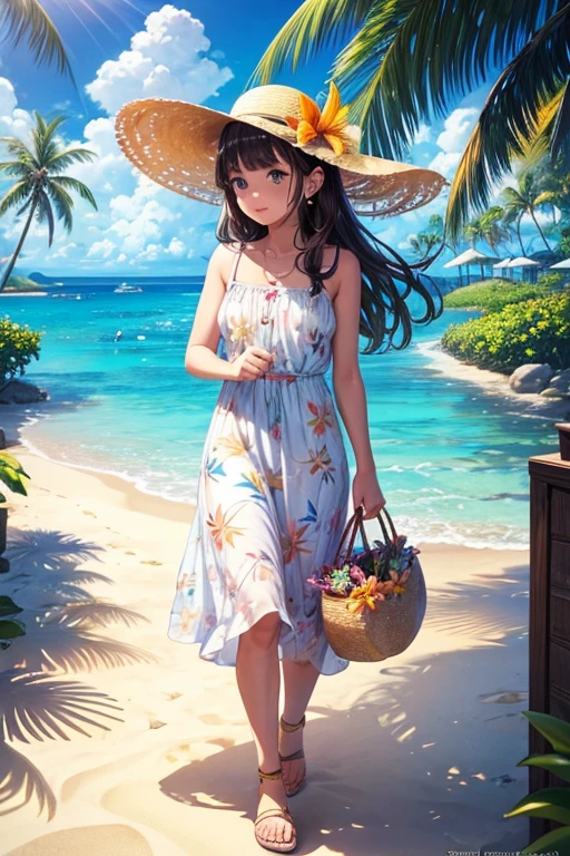 a girl,A floral dress, sandals, a sun hat, a wicker bag, and butterfly earrings.A small tropical island, a private beach with white sand, a luxury villa, a boat anchored offshore, clear blue water, palm trees swaying in the breeze.