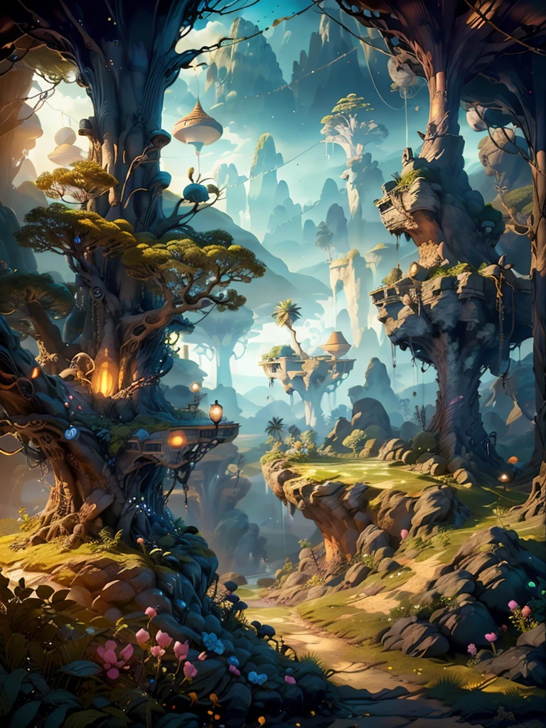 Subject: A massive, glowing Tree of Life with intricate branches and a radiant core. The tree's trunk is interwoven with metallic structures and supports numerous platforms.
Environment/Background: A futuristic landscape with floating islands and advanced technology. The background is rich in detail, showcasing a blend of nature and technology.
Image Type: Detailed environment illustration in Stable Diffusion art style.
Art Styles: Stable Diffusion, futuristic, detailed, rich textures, ambient lighting.
Inspirations: Avatar, Horizon Zero Dawn.
Camera/Shot: Wide-angle shot, capturing the entire Tree of Life and its surroundings, with a focus on the intricate details of the tree and the advanced landscape.
Lighting: Soft, ethereal light with glowing highlights and gentle shadows.
Render-related: High resolution, smooth lines, detailed textures, dynamic shading, and a blend of natural and technological elements.
