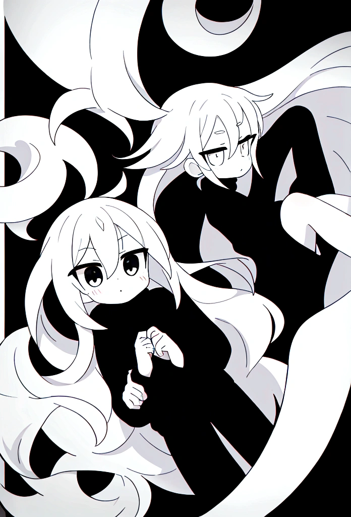 female, white skin, long wavy white hair, black sweater and black pants, monochrome art,