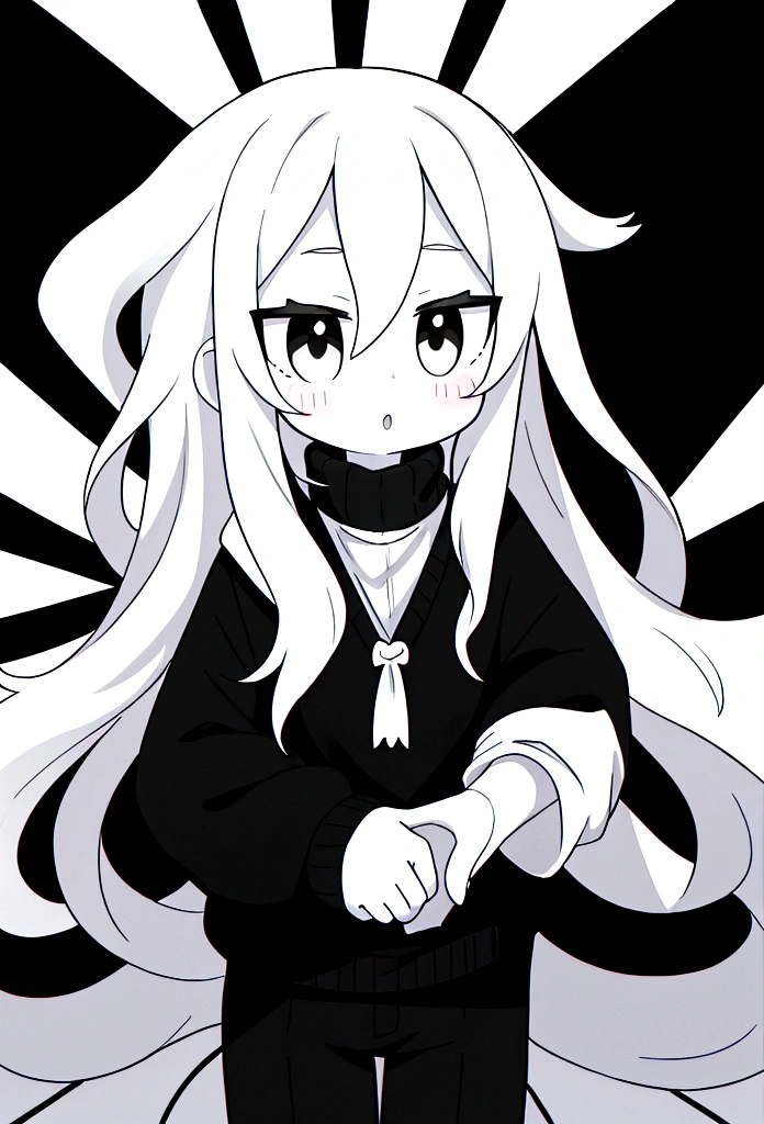 female, white skin, long wavy white hair, black sweater and black pants, monochrome art,