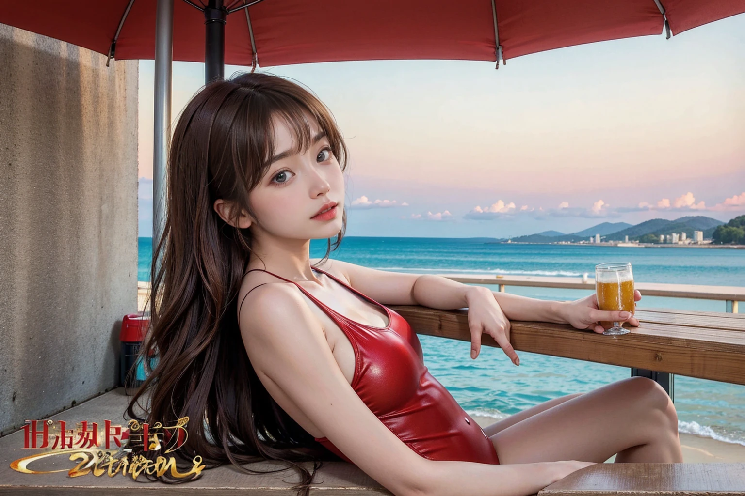 A young and cute Japanese beauty, with medium length light brown hair, wearing a bold red swimsuit, drinking beer with gusto and laughing, on a balcony bathed in the evening sun, with the message "Delicious beer, don't drink alcohol until you're 20 years old." Real photo, poster used in beer commercial, best work, gold award winner, high quality, high resolution.