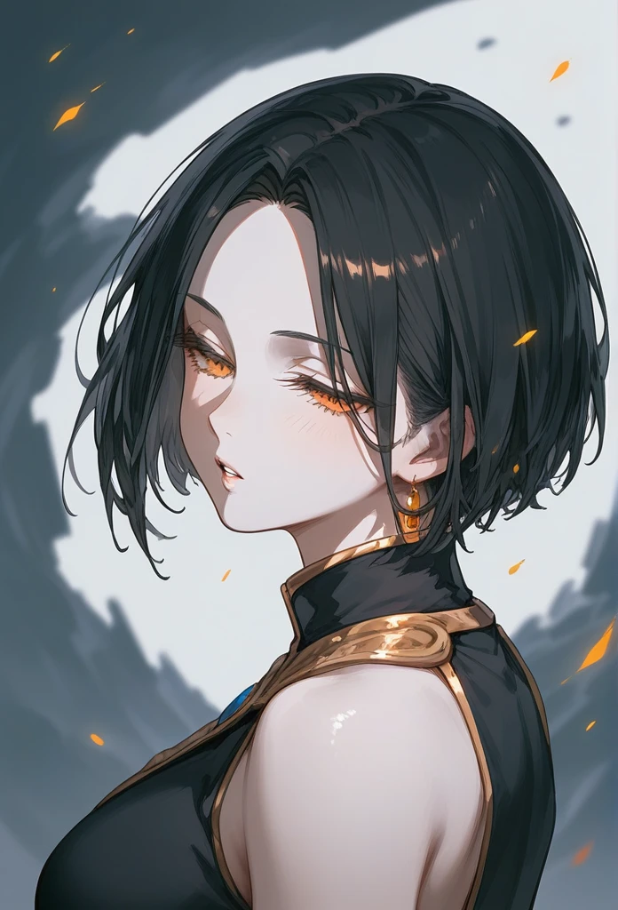masterpiece, Score_9, Score_8_up, Score_7_up, rear view, 1 woman, alone, dark black hair, very short hair, long parted bangs, gold and orange eyes, half-closed eyes, parted lips, expressionless, pale skin, large breasts, top body,
long open bangs, with a mole under the mouth, cut style (boy), No bangs.