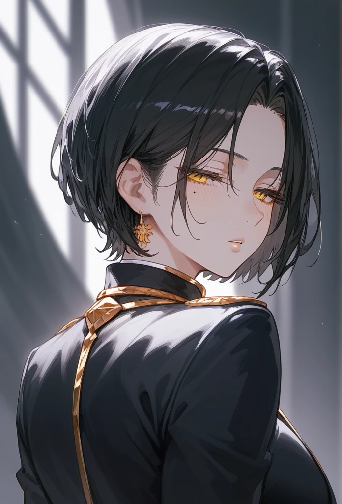 masterpiece, Score_9, Score_8_up, Score_7_up, rear view, 1 woman, alone, dark black hair, very short hair, long parted bangs, gold and orange eyes, half-closed eyes, parted lips, expressionless, pale skin, large breasts, top body,
long open bangs, with a mole under the mouth, cut style (boy), No bangs.