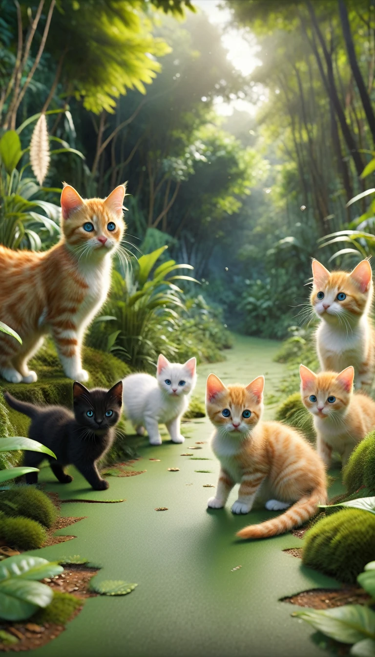 Visualize a lush, green jungle with dense foliage and tall trees. In the foreground, three kittens are playfully chasing each other. Whiskers, the orange tabby with bright green eyes, leads the chase. Midnight, the sleek black kitten with piercing yellow eyes, follows closely behind. Snowflake, the fluffy white kitten with blue eyes, is bringing up the rear.