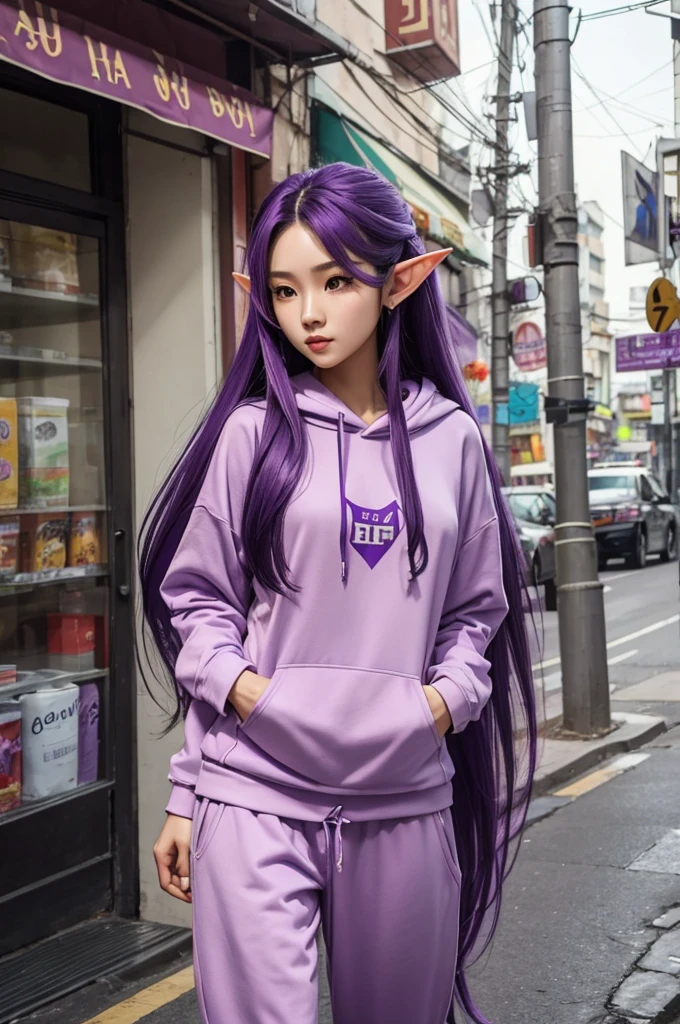 Long Purple hair, Vietnamese, beautiful 23 year old woman, very attractive, brown eyes, elf ears, very cute, thin athletic body, wearing hoodie and sweatpants, photoshoot