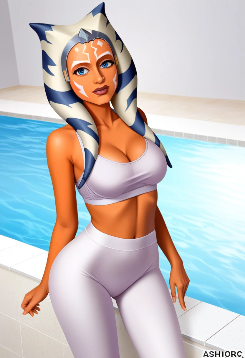 score_9_up, score_8_up, score_7_up, 1girl, solo, mature female, ((adult Ahsoka Tano))(((orange skin color))), long horns, blue eyes, pink lips, parted lips, white tattoos on cheeks, fit slim body, ((perfect medium erected breast)), (((white sport bra with white sport leggings))), (((highly detailed spa center space, swimming pool,))), perfect model body, wide hips, seductive pose