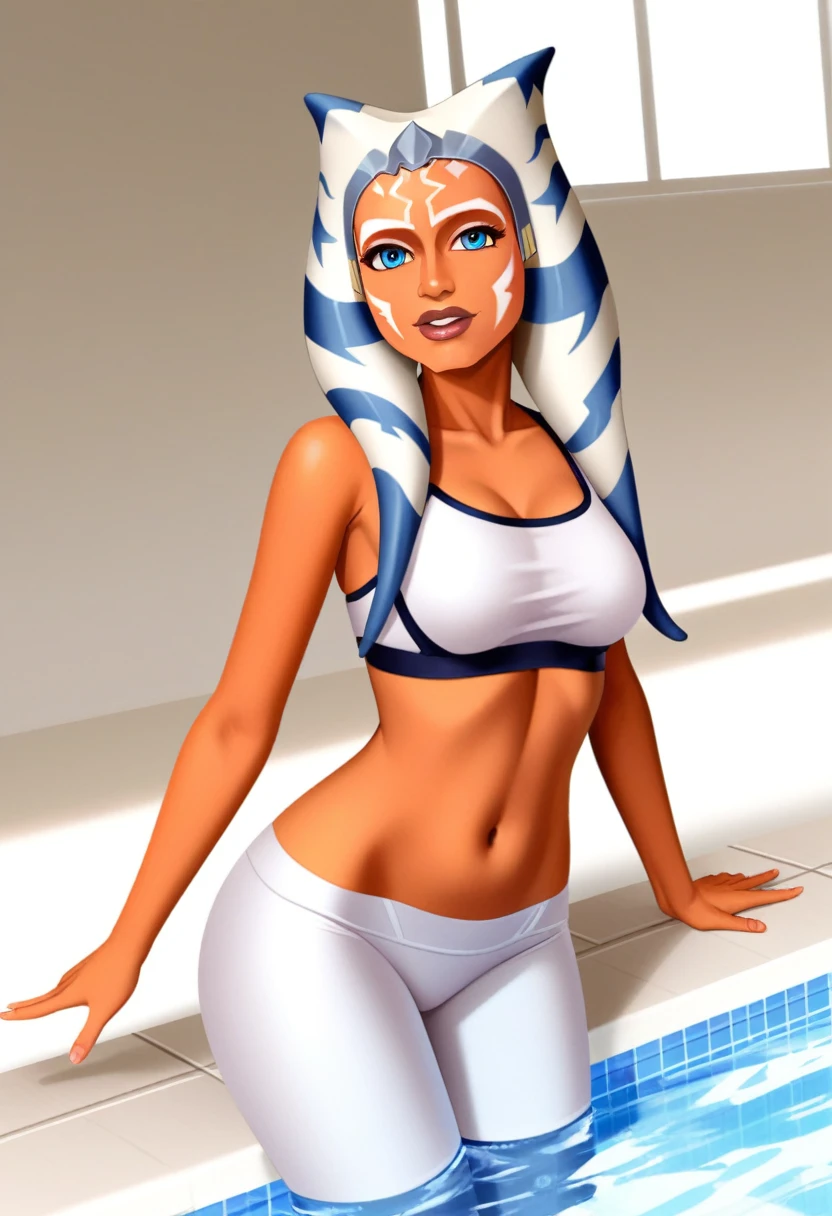 score_9_up, score_8_up, score_7_up, 1girl, solo, mature female, ((adult Ahsoka Tano))(((orange skin color))), long horns, blue eyes, pink lips, parted lips, white tattoos on cheeks, fit slim body, ((perfect medium erected breast)), (((white sport bra with white sport leggings))), (((highly detailed spa center space, swimming pool,))), perfect model body, wide hips, seductive pose