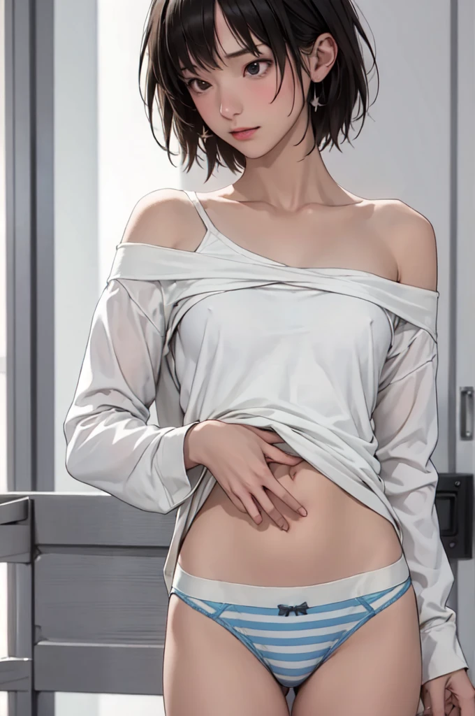 ((masterpiece, best quality)),((highres:1.2)), 1 Girl, solo, Cowboy Shot, Blurred Background, (((Small breasts))), Thighs, (Stripe underwear), ((lift the Shirts:1.3)), Off the shoulder, sexy One Shoulder T-Shirts