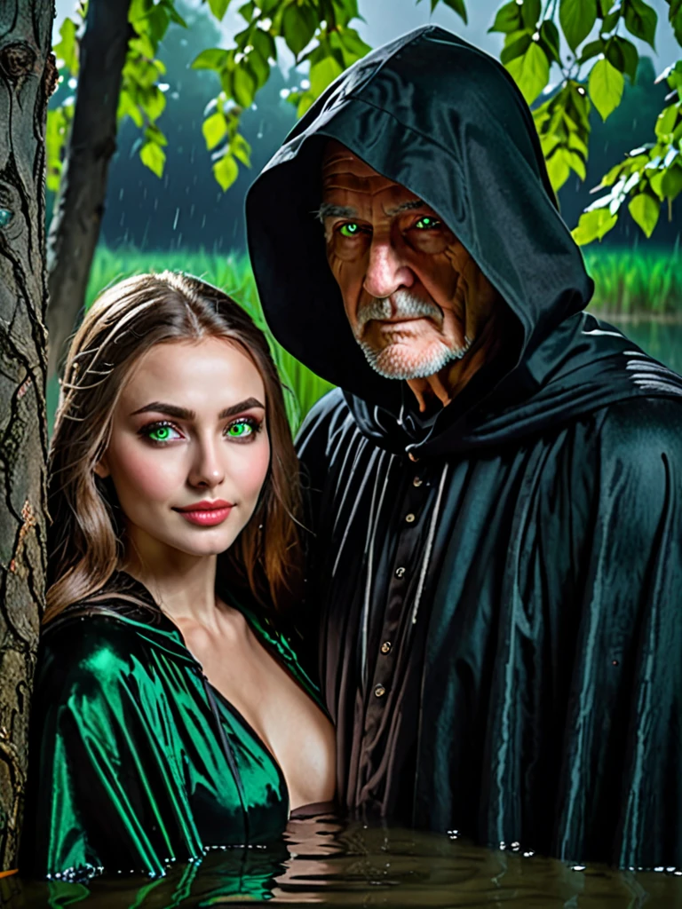 Old grandfather in a black cloak , black hood,  stands behind a tree , looks at a beautiful Russian woman with green eyes, woman stands waist-deep in water. Woman smiling sinisterly,night,dark,moon, darkness