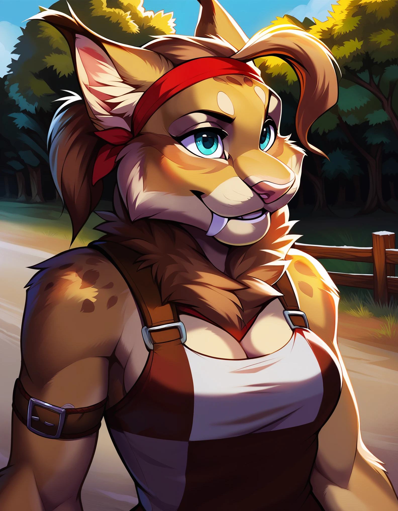 doubletroublexl, jade (kabscorner), 1girl, lynx, source_furry, realism, cowboy shot, belt across breasts, white and red shirt, headshot, upper body, face focus, solo, pulling on headband, female focus, happy, tan fur, red headband, short blond hair with fringe, white and red tank top, brown leather boob strap, thigh and arm straps, green outdoors background with trees and a wooden fence fence, clearing, road, building, detailed fur, score_9, score_8_up, score_7_up,