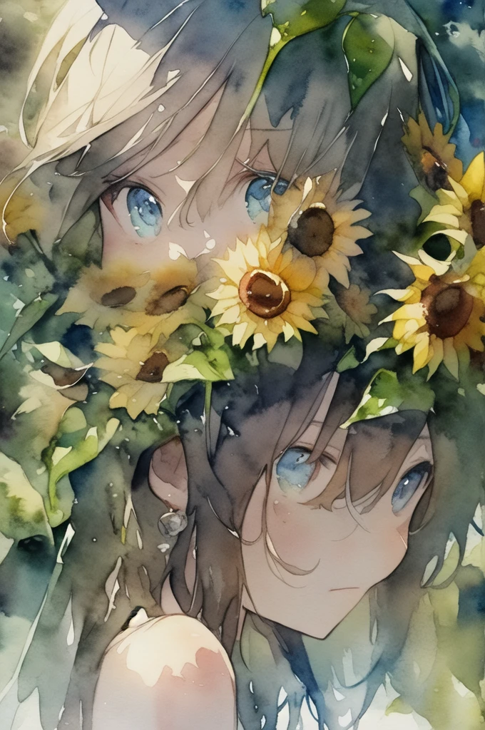 (watercolor:1.2),One girl, alone, flower, sunflower,freckles, Portraiture, leaf, bangs, sign, yellow flower, Brown Hair, Long Hair, Green Eyes, Hair between the eyes, flower earrings