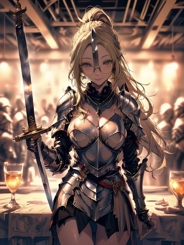 best quality, 1girl, masterpiece, best quality, 8k, detailed skin texture, ((beautiful detailed face)), intricate details, blonde hair, parted bangs, (half body), detailed blue eyes, 18 years old, neat girl, huge breasts, cleavage, ((knightly armor, magic)), holding a sword, (interior of a church)