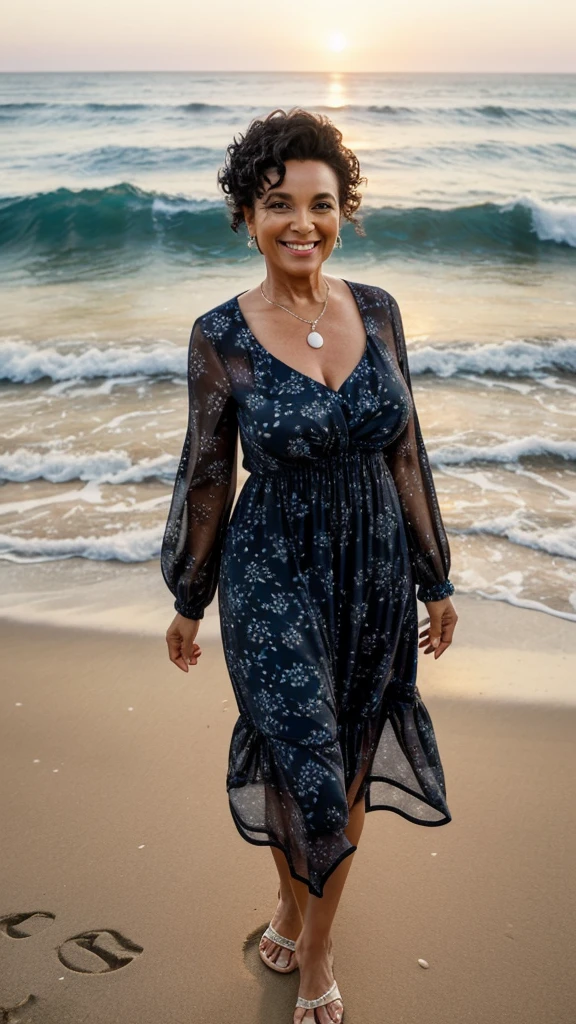
**"A stunning 58-year-old woman with black curly hair, styled in a chic updo, smiling warmly. She is standing on a beautiful beach at sunset, with the ocean waves gently crashing behind her. She is wearing a stylish summer dress that accentuates her confident and elegant presence."**

