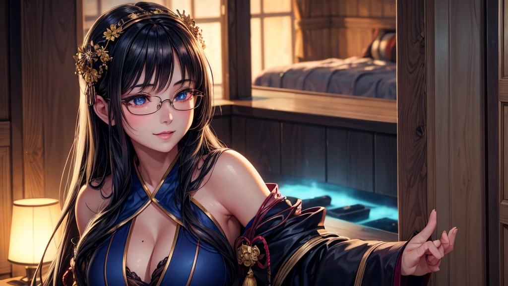 1 girl, full body, dark long hair, glowing blue eyes, glasses, yukata, standing in front of the door, big breast, blush, smiling, one hand holding the glasses, (best quality,4k,8k,highres,masterpiece:1.2),ultra-detailed,(realistic,photorealistic,photo-realistic:1.37),detailed eyes,detailed lips,extremely detailed eyes and face,long eyelashes,intricate details,soft lighting,warm colors,cinematic