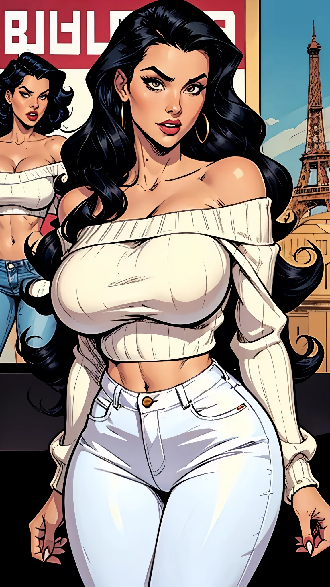 sexy woman, long curly black hair, off shoulder white sweater, jeans, Busty. Big hip. Voluptuos. Comic style. Graphic novel style