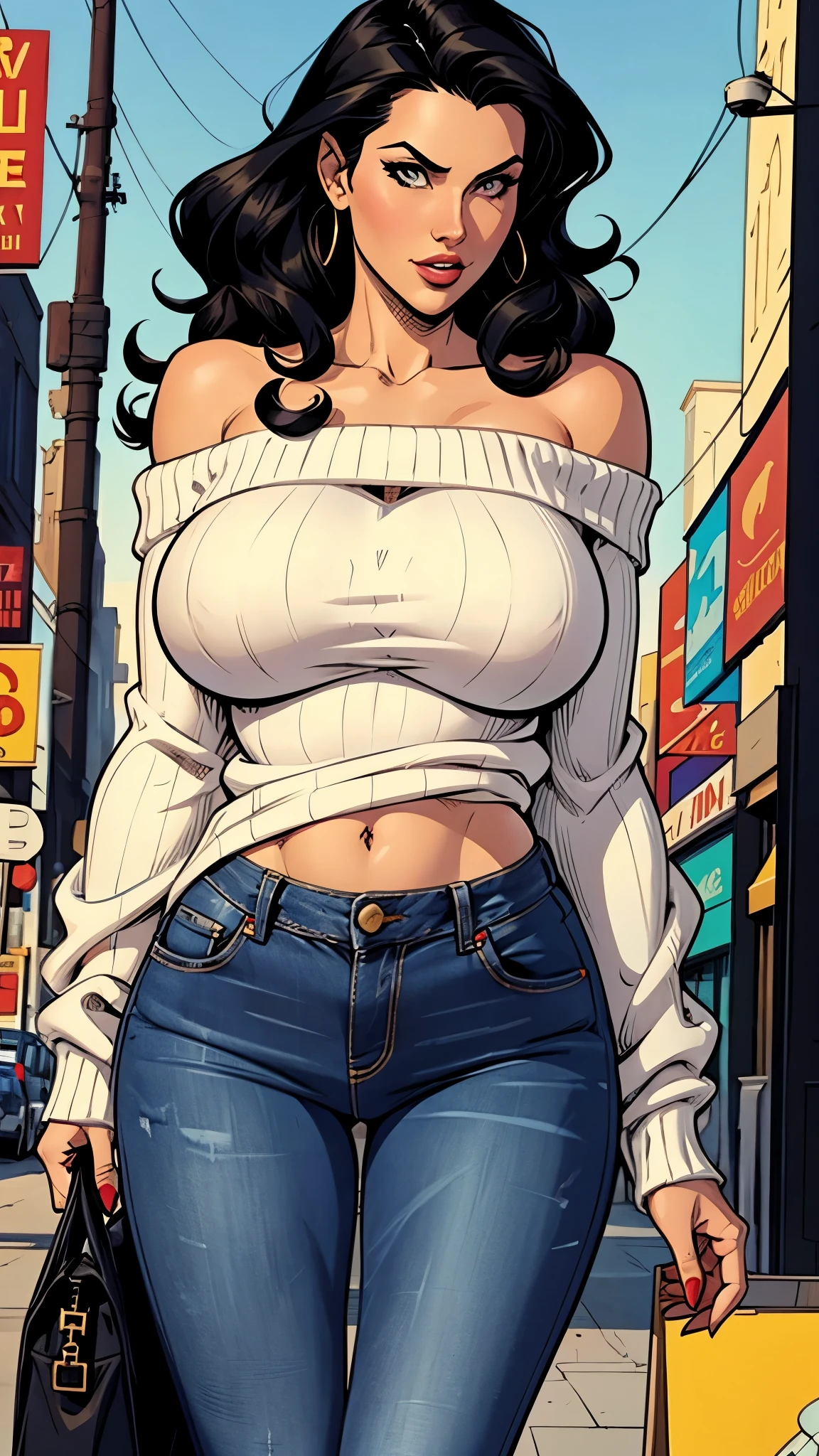 sexy woman, long curly black hair, off shoulder white sweater, jeans, Busty. Big hip. Voluptuos. Comic style