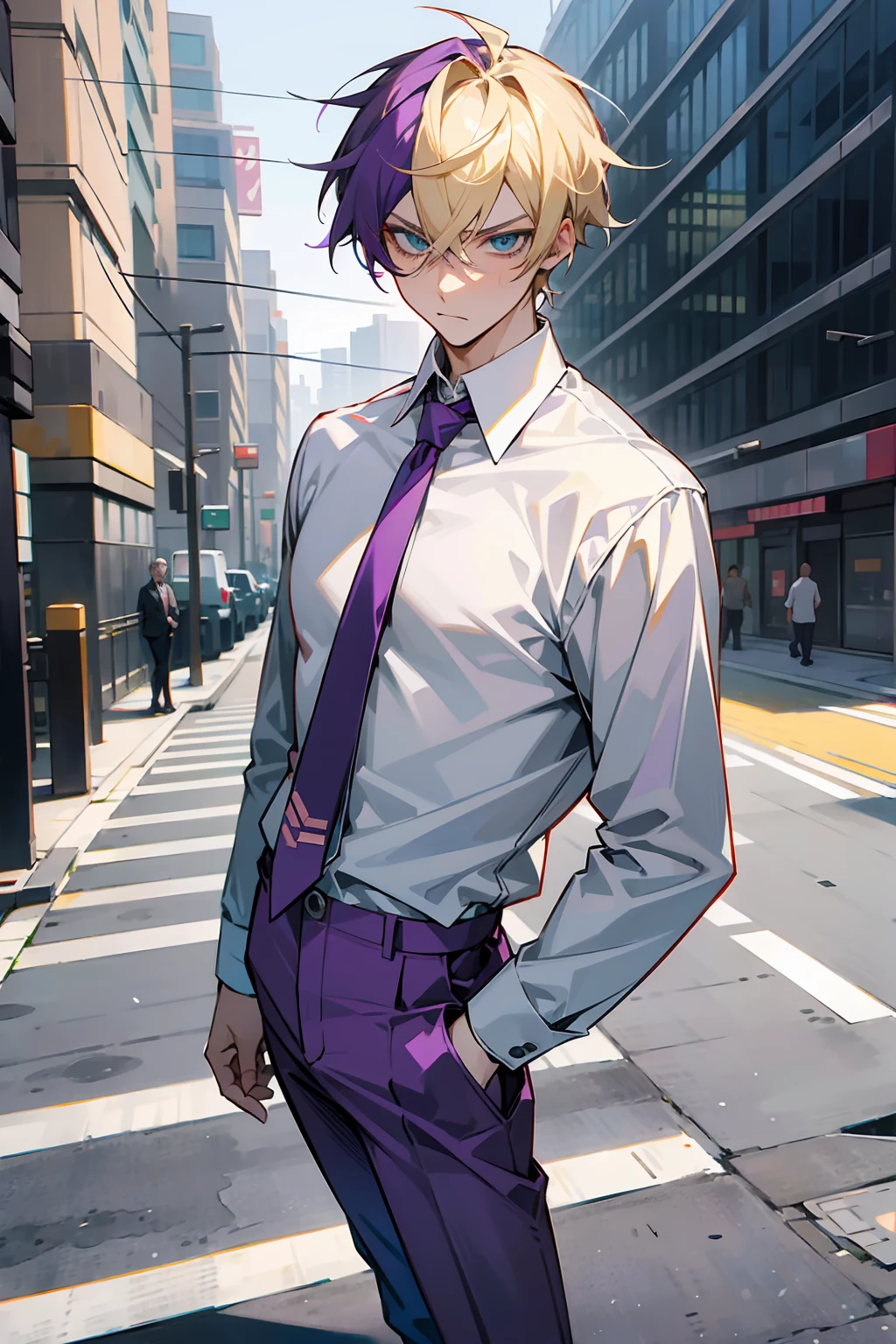 1male , Multicolored Hair , Purple Hair , Blonde Highlighted Hair , Serious Expression , Pale Green Blaze , Red Tie , Grey Pants , White Button Up Shirt , Modern city background , Standing on sidewalk , Perfect Generation