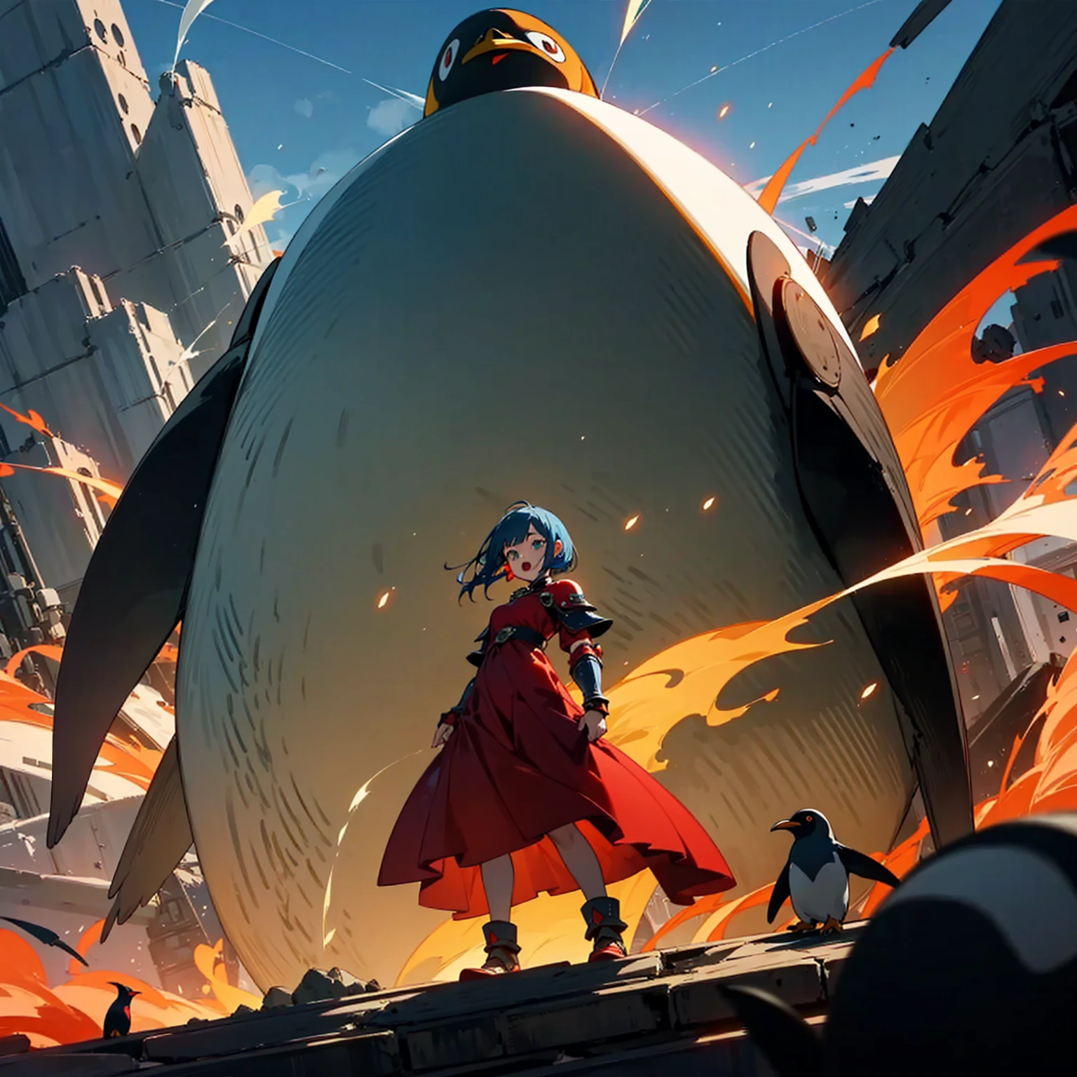 Full body version, one girl sat on his back largest one penguin, one girl has blue hair, wavy bob hairstyle, green eyes, red cheeks, red earrings, long dress clothing style, red color clothes, Meanwhile, the penguin is very big, largest body, muscles, Metallic armor in body, wearing head armor, angry penguins, penguins destroy the city, open mouth emitting a large fire laser), (full background of destroyed city, fire, smoke, evening silhouette light, bright light from the penguin's mouth )