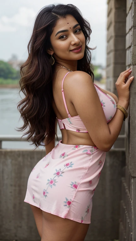 day scene from front view, photo of Lakshmi Gopalaswamy, big cheeks, hourglass figure, swooping breasts, deep cleavage, long wavy hair, necklace, sultry, seductive smile, look at viewer annoyingly, red, green, sky blue, (cinematic:1.3), intricate details, (ArtStation:1.2), (floral mini dress) , half body, big ass, big breasts, navel,( sexy hips), (sexy legs), different colors, different poses, different angle, lean forward, (pink color dress) , big ass, visible panties from back
