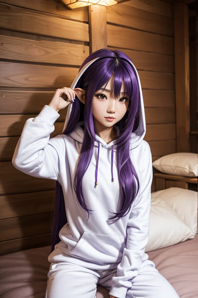 Long Purple hair, Vietnamese, beautiful 23 year old woman, very attractive, brown eyes, elf ears, very cute, thin athletic body, wearing white hoodie and sweatpants, photoshoot in log cabin