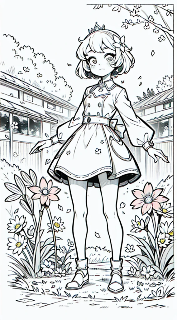 A girl, kawaii princess, standing, (Flower garden), short hair, full body, in the center of the camera, line art, without being colored.