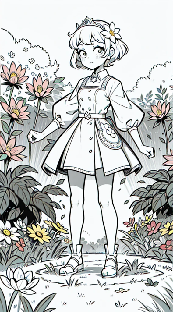 A girl, kawaii princess, standing, (Flower garden), short hair, full body, in the center of the camera, line art, without being colored.