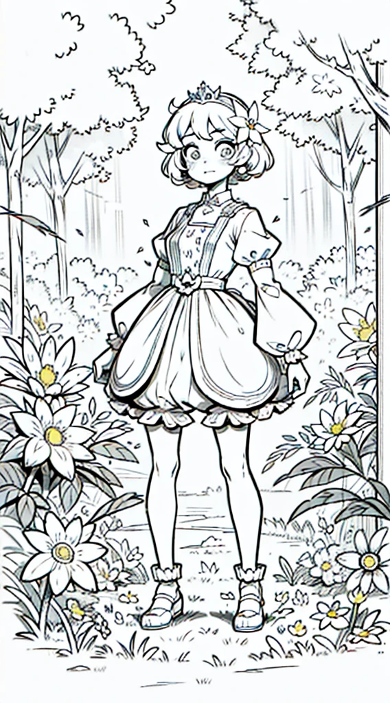 A girl, kawaii princess, standing, (Flower garden), short hair, full body, in the center of the camera, line art, without being colored.