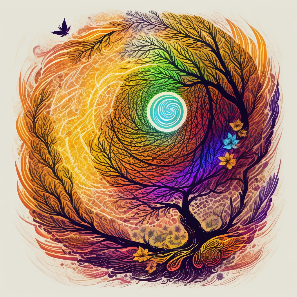 circular tree,four seasons,spring,summer,autumn,winter,leaves,roots,branches,trunk,ornate border,decorative,digital illustration,artwork,movement,time,swirling background,dark background,vibrant colors,natural,life cycle,growth,change,nature,life,peace,harmony,spirituality,symbolism,digital art,illustration,painting,graphic design,art,design,digital media,online art,visual art,fine art,fantasy