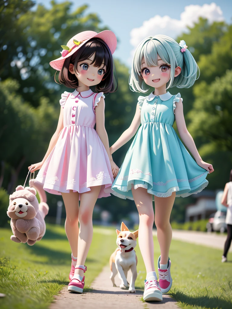 Two Girls、Very close sisters、Walk hand in hand、Having fun and being excited、They both walk with a bounce、Happy smile、A cute, cool sleeveless dress、Dogs walking side by side、(Quadrupedal Dog、Very large dog:1.4、Same height as her sister、Bushy white hairs、She is very kind and cares for her sisters.)、Nothing in my hands、Watching the audience、