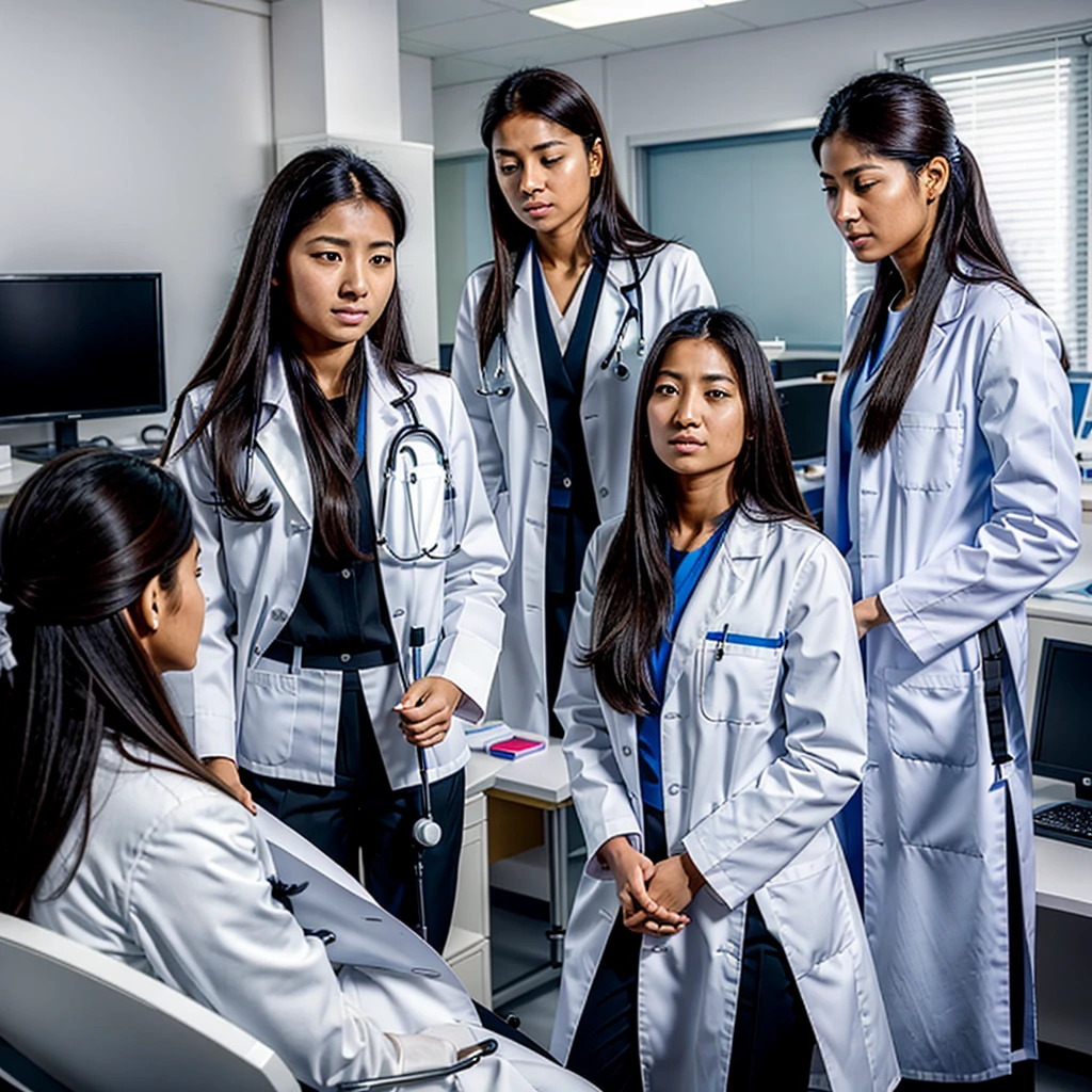 a girl with long hair, an ophthalmologist conducts an examination in her spacious, bright office in a white coat, and opposite sits a patient in black trousers and a white shirt