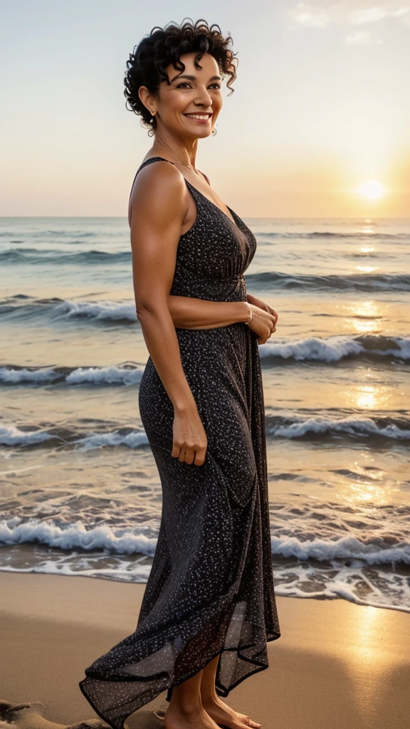 
**"A stunning 58-year-old woman with black curly hair, styled in a chic updo, smiling warmly. She is standing on a beautiful beach at sunset, with the ocean waves gently crashing behind her. She is wearing a stylish summer dress that accentuates her confident and elegant presence."**

