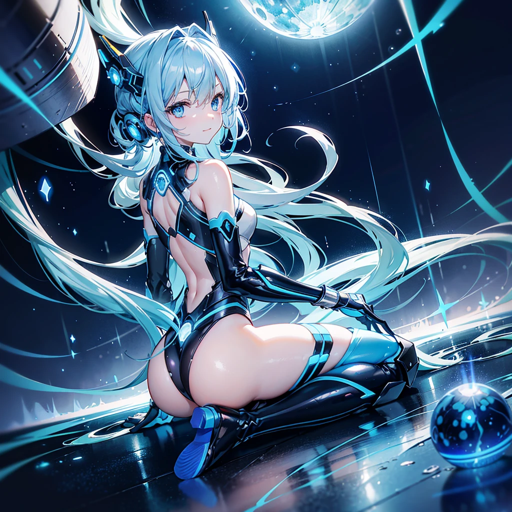 8K, Highest quality, (real:1.4), Original photo, 1 girl, Asari Hair, Biological Amplifier, Very sleek and futuristic armor, posture: Peace talks between warring factions,,attention arousal, smart blue eyes,A modest smile,Knee-high boots,Patent-look blue tights,Blue big moon and blue light swirl in the background,Blue light from behind,blue light magic,A small, glowing blue ball in the palm of your hand,Blue flame swirl,Blue Comet,Polished floor,