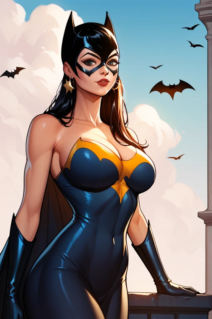 "((Best quality,best illuminate)), Cute model with long gray hair and sporty body, abdominal detail (((Wearing Batman))), Protruding and shedding breasts, Dynamic pose, colorful background, High saturation, vibrant lights."