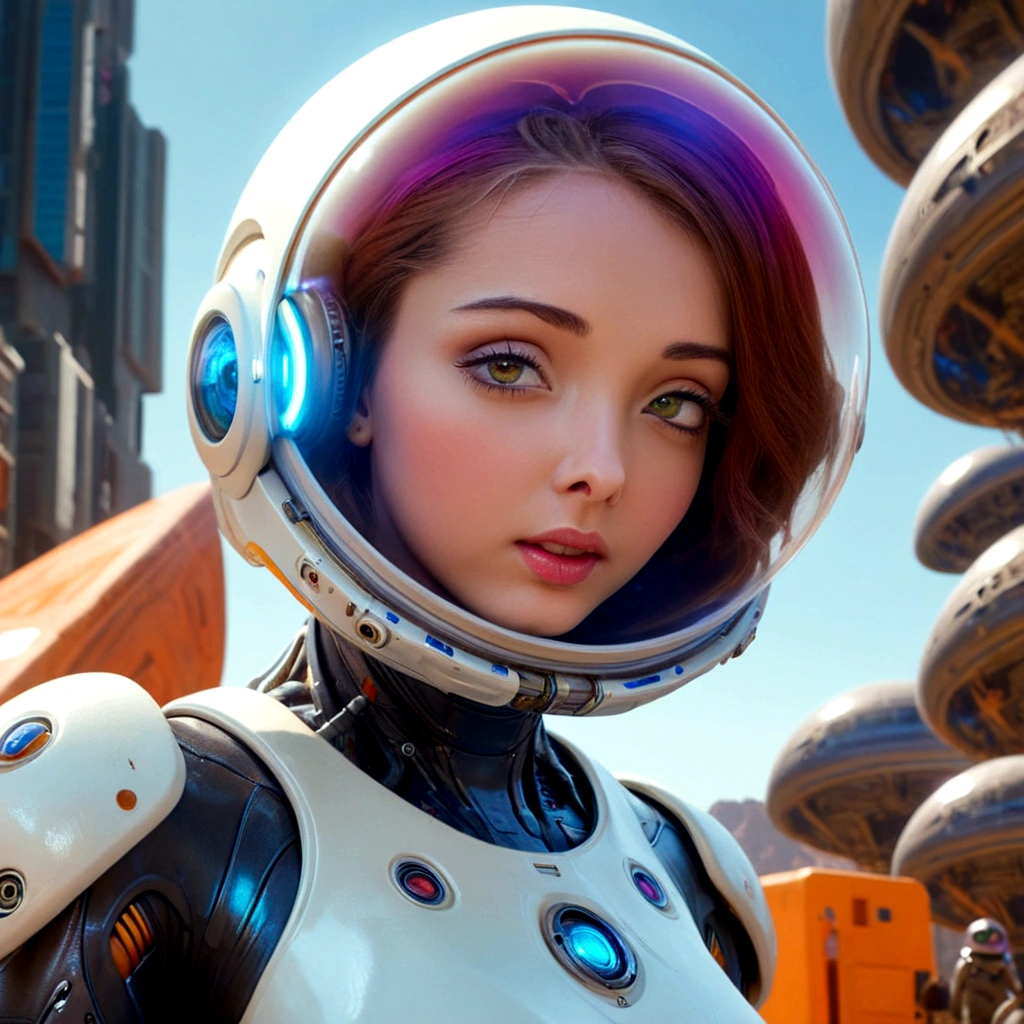 a cute woman space explorer, beautiful detailed eyes, beautiful detailed lips, extremely detailed eyes and face, long eyelashes, beautiful woman, confident expression, space suit, alien planet, glowing alien city, cybernetic enhanced aliens, robot servants, alien food, strange alien technology, vibrant colors, cinematic lighting, dramatic scene, award winning digital art, intricate details, concept art, photorealistic, 8k, best quality, masterpiece