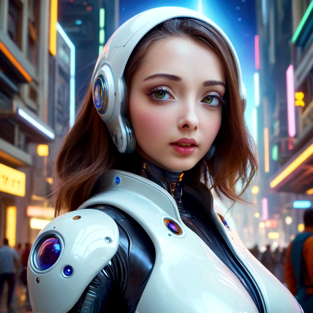 a cute woman space explorer, beautiful detailed eyes, beautiful detailed lips, extremely detailed eyes and face, long eyelashes, beautiful woman, confident expression, space suit, alien planet, glowing alien city, cybernetic enhanced aliens, robot servants, alien food, strange alien technology, vibrant colors, cinematic lighting, dramatic scene, award winning digital art, intricate details, concept art, photorealistic, 8k, best quality, masterpiece
