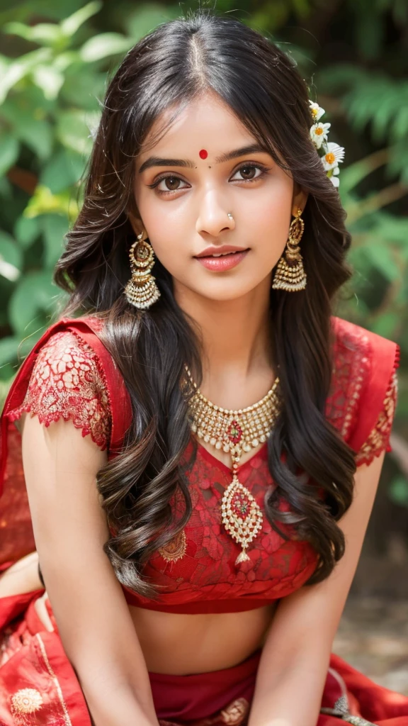 8K, ultra high detailed, an indian girl, cute face, happy, long hair, impressive hairstyle, detailed eyes, detailed lips, indian clothes, lahenga, with lahenga,red choli ,lace, wearing jewellery, nature background, flowers, afternoon, shadow, clear weather, sitting, whole body capture,